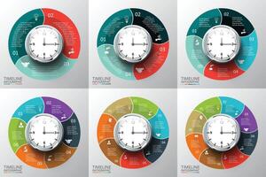 Circles elements set with watch for timeline infographic. Template for diagram, graph, presentation and chart. Business concept with 3, 4, 5, 6, 7, 8 options, parts, steps or processes. vector