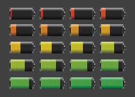 Set of batteries with different charge levels. Battery life, accumulator, battery running low, battery recharging. vector