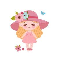 linda verano niña en un sombrero con flores gráficos. vector