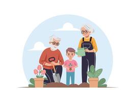plano ilustración de abuelos y nietos tomando cuidado de el jardín o jardinería en el yarda vector