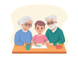 Flat illustration of Grandparents helping their Grandchildren draw at the table. vector