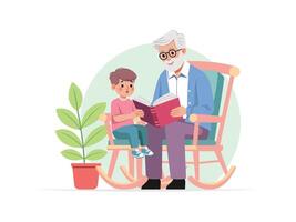 plano ilustración de abuelo en un balanceo silla, leyendo un libro con un nieto. vector
