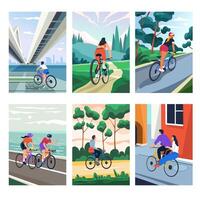 Various Cyclists on Different Paths vector