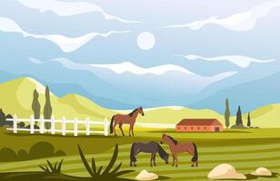 caballos pastando en pasto vector