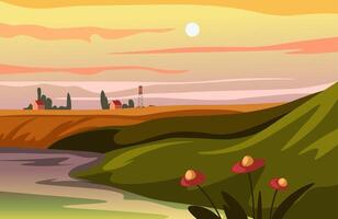 Sunset Over Rural Landscape vector