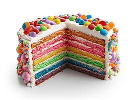 rainbow cake with layers and colorful frosting photo