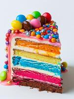 rainbow cake with layers and colorful frosting photo