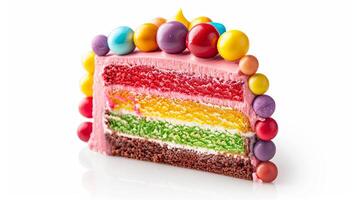 Rainbow cake with layers isolated on white background photo