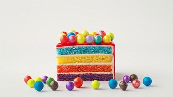 Rainbow cake with layers isolated on white background photo