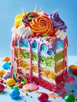 rainbow cake with layers and colorful frosting photo