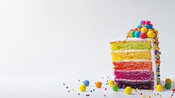 Rainbow cake with layers isolated on white background photo