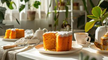 round matcha cake on a white plate photo