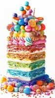 rainbow cake with layers and colorful frosting photo