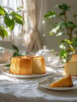 round matcha cake on a white plate photo