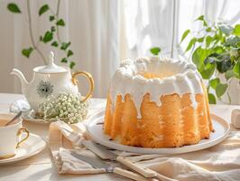 round matcha cake on a white plate photo