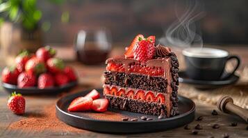 a slice of strawberry chocolate cake on the table photo