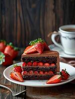 Tastery's strawberry and chocolate cake with strawberries on a white plate photo