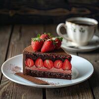 Tastery's strawberry and chocolate cake with strawberries on a white plate photo