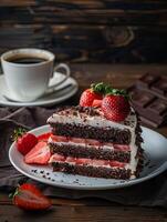 Tastery's strawberry and chocolate cake with strawberries on a white plate photo