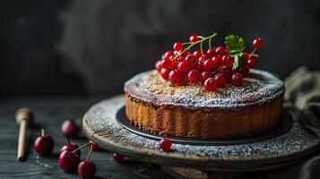 food photography of honey glazed red berries on top of apple cake photo