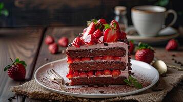 Tastery's strawberry and chocolate cake with strawberries on a white plate photo