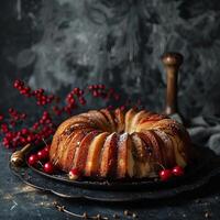 product photography of a delicious-looking apple cake with honey glaze photo