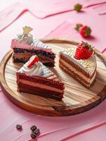 pieces of cake on a wooden plate with different colors and shapes photo