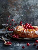 product photography of a delicious-looking apple cake with honey glaze photo