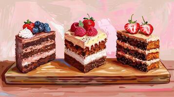 three pieces of cake on a wooden board photo