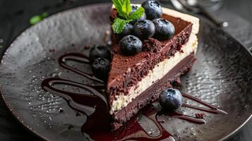 foto de un rebanada de doble chocolate queso pastel con arándanos y Fresco menta