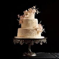 A threetiered wedding cake with intricate lace patterns and delicate sugar flowers photo