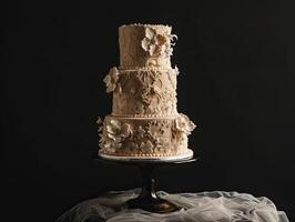 A threetiered wedding cake with intricate lace patterns and delicate sugar flowers photo