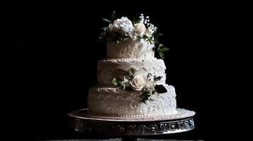 A threetiered wedding cake with intricate lace patterns and delicate sugar flowers photo