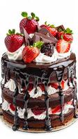 Realistic chocolate cake with cream and strawberries photo