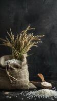 burlap sack of rice and grains on the right photo