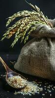 burlap sack of rice and grains on the right photo