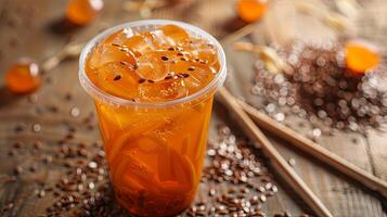 Thai tea with ice in a plastic cup photo