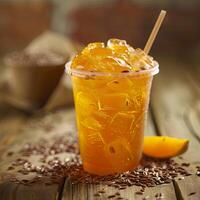 Thai tea with ice in a plastic cup photo
