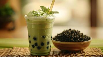 green tea matcha milk bubble drink in a plastic cup with a straw photo