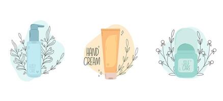 Collection of skin care products. Hand drawn bottles of shower gel, moisturizing hand cream and deodorant vector
