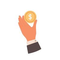 Hand hold gold coin with fingers. Save money concept vector