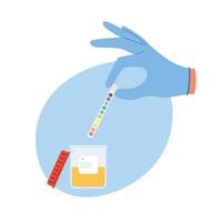 Urine analysis with a pH test. Hand in blue gloves holds an indicator strip for laboratory analysis. Pee sample in plastic container vector