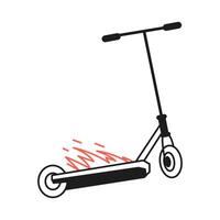Stunt scooter on fire line art minimalistic illustration isolated on white. vector