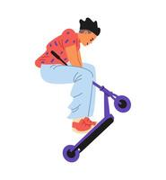 Adolescente chico haciendo truco en truco scooter plano ilustración aislado en blanco. vector