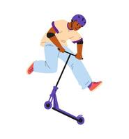 African American teenage boy making trick on stunt scooter flat illustration isolated on white. vector