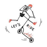 Funny skeleton in red helmet and sneakers making trick on stunt scooter on fire line illustration. vector