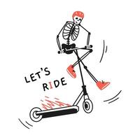Funny skeleton in red helmet and sneakers making trick on stunt scooter on fire line illustration. vector