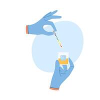 Urine analysis with a pH test. Hand in blue gloves holds an indicator strip and a pee sample in cintainer box for laboratory analysis vector