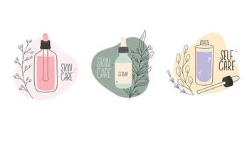 Collection of skin care products. Hand drawn set of bottles with serum for face routine vector
