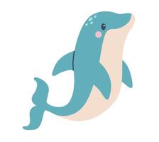 Flat illustration in children's style. Cute dolphin with smiling face on white background. vector